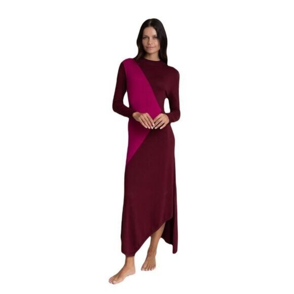 Colorblock Knit Long Sleeve Burgundy & Magenta Asymmetrical Maxi Dress - Picture 1 of 9
